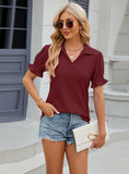 SOLID COLOR LAPEL SHORT SLEEVE PLEATED LOOSE T-SHIRT
