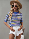 FASHION SPLICED HOLLOW LOOSE ROUND NECK STRIPED SWEATER