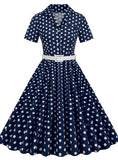Polk stitching belt short sleeve dress