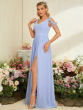 Blue Cap Sleeve Chiffon Tassel Prom Dress With Slit
