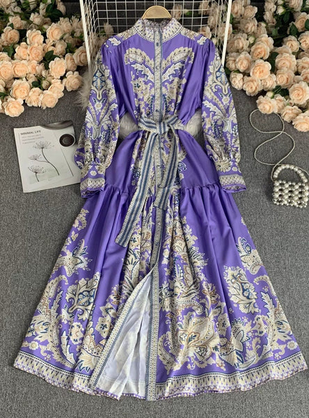 LANTERN SLEEVES V-NECK PRINTED DRESS