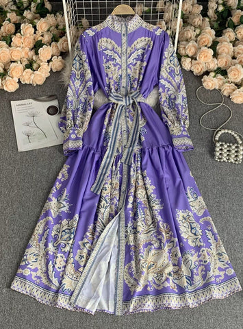 LANTERN SLEEVES V-NECK PRINTED DRESS