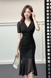 Elegant Red Ruched Midi Dress with V - Neck Design