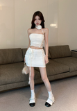 Elegant White Ruched Crop Top and Mini Skirt Set
