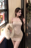 Elegant Strapless Beige Lace Bodycon Mini Dress