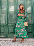 Green Boho Puff Sleeve Maxi Loose Dress