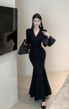 Elegant Black Mermaid Gown with Bell - Shaped Sleeves