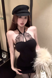 Elegant Halter Neck Black Mini Dress with Lace Detail