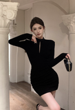 Stylish Mock - Neck Black Bodycon Mini Dress with Cutout