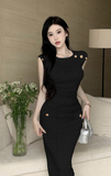 Elegant White Sleeveless Knit Set with Gold Buttons