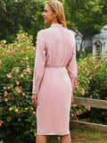 Pink Mock Neck Office Lady Long Sleeve Dress