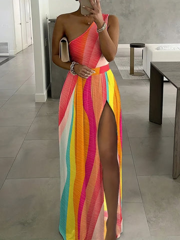 One Shoulder Rainbow High Slit Maxi Dress