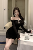 Elegant Long - Sleeve Black Mini Dress with Sparkling Decor