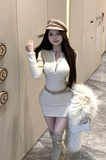 Stylish Beige Bodycon Dress with Lace Neckline Detail