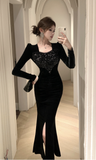 Stylish Long - Sleeve Gown with Sparkling Chest Detail and Side Slit