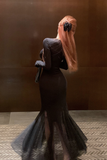 Elegant Long - Sleeve Black Gown with Sheer Side Slit