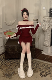 Stylish Long - Sleeve Wine Red Dress with Lace Hem