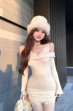 Stylish Beige Mini Dress with Lace Detail and Fur Accents
