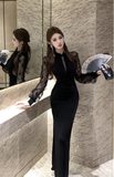Elegant Black Maxi Dress with Sheer Lace Sleeves