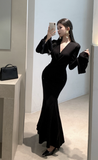 Elegant Black Mermaid Gown with Bell - Shaped Sleeves