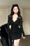 Elegant Black V - Neck Mini Dress with Lace Sleeves
