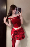 Stylish Red Off - Shoulder Set with Ruffled Skirt and Flower Decor
