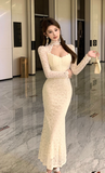 Elegant Cream Lace Mermaid Dress with High Neck Detail