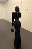 Stylish Long - Sleeve Black Outfit with Cut - out Details
