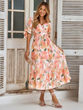 Floral Tie Cuff Surplice Neck Dress