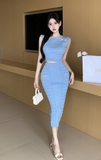 Elegant White Sleeveless Knit Set with Gold Buttons