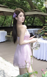 Charming Lilac Halter Mini Dress with Embellished Waist