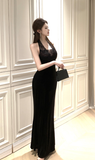 Elegant Black Halter Velvet Gown with Lace Detail