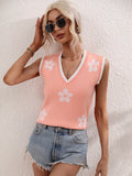 CLASSY PRINTED V-NECK SLEEVELESS FLOWERS SWEATER