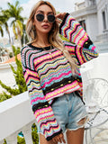 CLASSY LOOSE-FITTING COLOR ROUND NECK STRIPED SWEATER