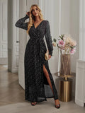 LONG SLEEVE V-NECK SPLIT PARTY DRESS