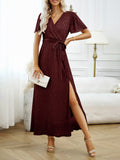 V-NECK SPLIT SHORT SLEEVE LONG DRESS
