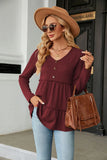SOLID COLOR V-NECK BUTTON LOOSE LONG SLEEVE T-SHIRT