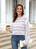 Hollow Striped Round Neck Long Sleeve Sweater