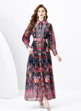 Palace Lapel Lantern Sleeve Long Retro Print Dress