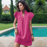 SOLID COLOR SHORT SLEEVE V-NECK DRESS