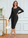LONG-SLEEVED SPLIT PIT SOLID COLOR DRESS