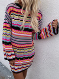 CLASSY ROUND NECK RAINBOW STRIPED PULLOVER SWEATER