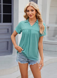 SOLID COLOR LAPEL PLEATED LOOSE SHORT SLEEVE T-SHIRT