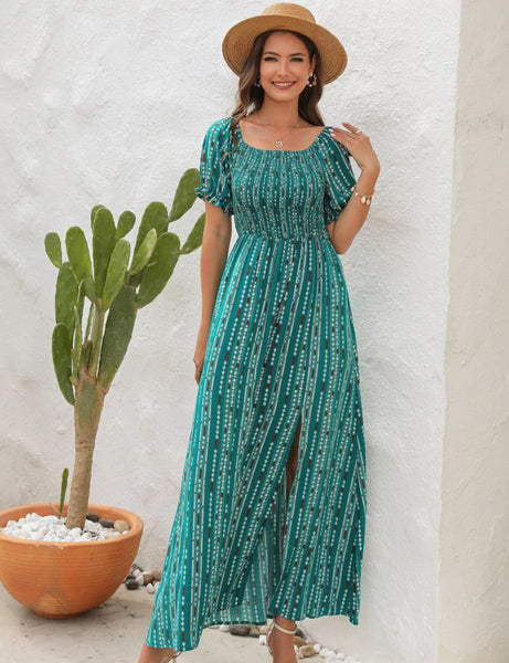 VERTICAL STRIPED PRINTED SLIT DRESS