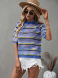 FASHION SPLICED HOLLOW LOOSE ROUND NECK STRIPED SWEATER