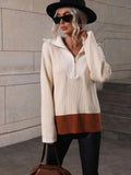 CLASSY PULLOVER COLOR MATCHING LONG SLEEVE ZIPPER SWEATER