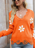 STYLISH HOLE LONG SLEEVE LOOSE SMALL FLOWER V-NECK SWEATER