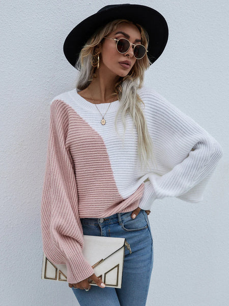FASHION BAT SLEEVE COLOR MATCHING ROUND NECK SWEATER