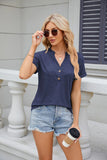 SOLID COLOR V-NECK BUTTON SHORT SLEEVE T-SHIRT
