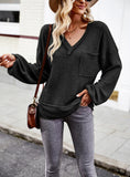 SOLID COLOR V-NECK LONG SLEEVE TOP